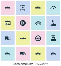 Automobile Icons Set. Collection Of Hatchback, Chronometer, Drive Control And Other Elements. Also Includes Symbols Such As Chronometer, Truck, Stick.
