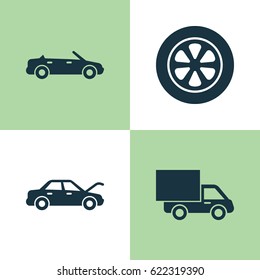 Automobile Icons Set. Collection Of Lorry, Fixing, Wheel And Other Elements. Also Includes Symbols Such As Convertible, Car, Cabriolet.