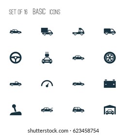 Automobile Icons Set. Collection Of Lorry, Automobile, Chronometer And Other Elements. Also Includes Symbols Such As Crossover, Hood, Battery.