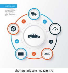 Automobile Icons Set. Collection Of Lorry, Wheel, Accumulator And Other Elements. Also Includes Symbols Such As Lorry, Wheel, Sedan.
