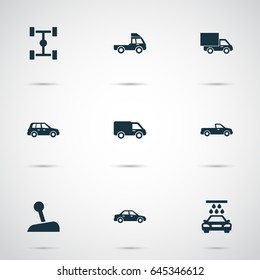 Automobile Icons Set. Collection Of Lorry, Stick, Transport Cleaning And Other Elements. Also Includes Symbols Such As Van, Carriage, Auto.