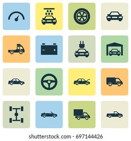 Automobile Icons Set. Collection Of Lorry, Fixing, Chronometer And Other Elements. Also Includes Symbols Such As Wheelbase, Carriage, Speed.