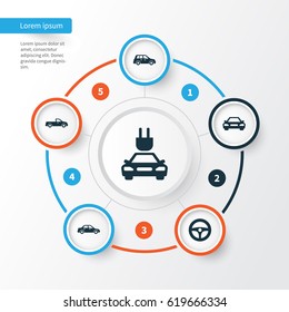 Automobile Icons Set. Collection Of Plug, Carriage, Drive Control And Other Elements. Also Includes Symbols Such As Sedan, Crossover, Wheel.