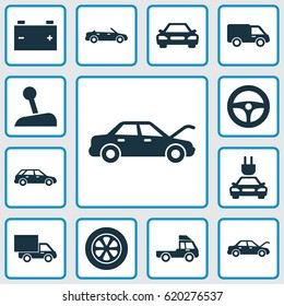 Automobile Icons Set. Collection Of Plug, Truck, Hatchback And Other Elements. Also Includes Symbols Such As Truck, Tire, Automobile.
