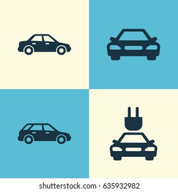 Automobile Icons Set. Collection Of Plug, Hatchback, Automobile And Other Elements. Also Includes Symbols Such As Sedan, Car, Auto.