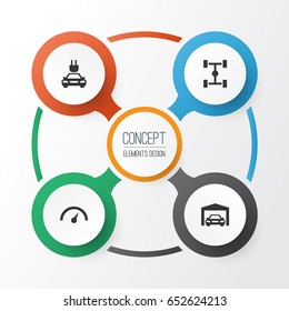 Automobile Icons Set. Collection Of Plug, Repairing, Chronometer And Other Elements. Also Includes Symbols Such As Wheelbase, Speedometer, Car.
