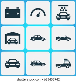 Automobile Icons Set. Collection Of Repairing, Accumulator, Chronometer And Other Elements. Also Includes Symbols Such As Car, Speedometer, Automobile.
