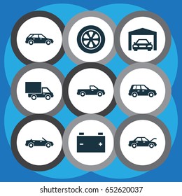 Automobile Icons Set. Collection Of Repairing, Lorry, Hatchback And Other Elements. Also Includes Symbols Such As Pickup, Tire, Hatchback.