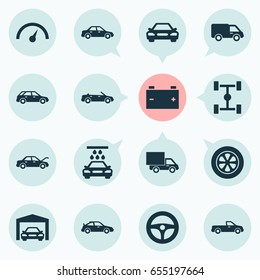 Automobile Icons Set. Collection Of Repairing, Automobile, Lorry And Other Elements. Also Includes Symbols Such As Cabriolet, Steering, Fixing.