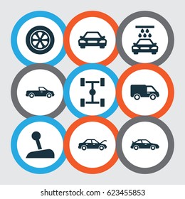Automobile Icons Set. Collection Of Transport Cleaning, Carriage, Crossover, Wheel and Car.