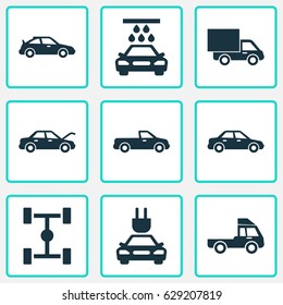 Automobile Icons Set. Collection Of Transport Cleaning, Van, Fixing And Other Elements. Also Includes Symbols Such As Water, Fixing, Plug.