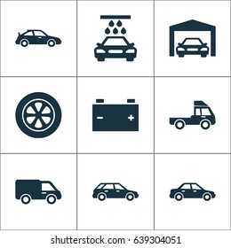 Automobile Icons Set. Collection Of Transport Cleaning, Truck, Automobile And Other Elements. Also Includes Symbols Such As Auto, Accumulator, Car.