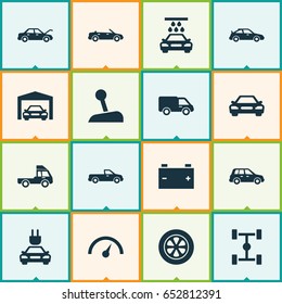 Automobile Icons Set. Collection Of Transport Cleaning, Accumulator, Van And Other Elements. Also Includes Symbols Such As Garage, Carriage, Wheelbase.