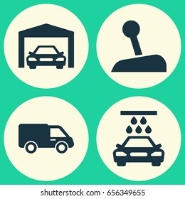 Automobile Icons Set. Collection Of Transport Cleaning, Repairing, Stick And Other Elements. Also Includes Symbols Such As Wash, Van, Car.