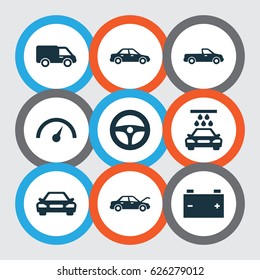 Automobile Icons Set. Collection Of Truck, Auto, Chronometer And Other Elements. Also Includes Symbols Such As Steering, Speed, Carriage.