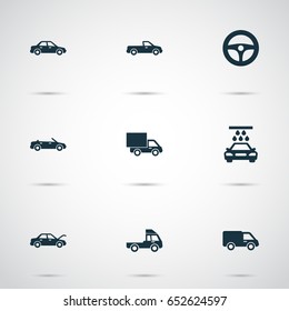 Automobile Icons Set. Collection Of Truck, Transport Cleaning, Carriage And Other Elements. Also Includes Symbols Such As Pickup, Lorry, Truck.