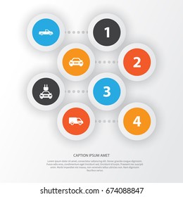 Automobile Icons Set. Collection Of Truck, Plug, Auto And Other Elements. Also Includes Symbols Such As Pickup, Truck, Carriage.