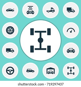 Automobile Icons Set. Collection Of Truck, Drive Control, Fixing And Other Elements. Also Includes Symbols Such As Automobile, Water, Tire.