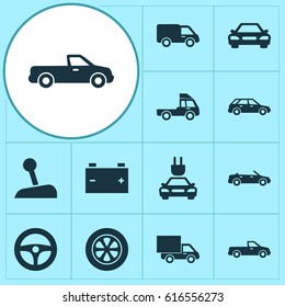 Automobile Icons Set. Collection Of Van, Truck, Auto And Other Elements. Also Includes Symbols Such As Van, Plug, Lever.