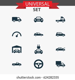 Automobile Icons Set. Collection Of Van, Drive Control, Repairing And Other Elements. Also Includes Symbols Such As Automobile, Garage, Carriage.