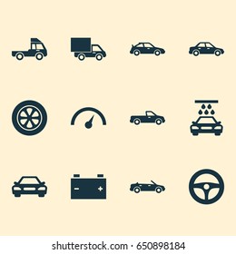 Automobile Icons Set. Collection Of Automobile, Van, Convertible Model And Other Elements. Also Includes Symbols Such As Steering, Van.