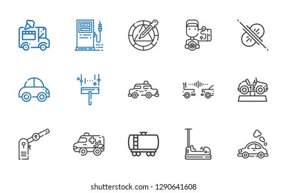 automobile icons set. Collection of automobile with vehicle, bumper, fuel truck, ambulance, parking, car, taxi, wiper, collision, driver. Editable and scalable automobile icons.