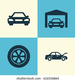 Automobile Icons Set. Collection Of Wheel, Fixing, Repairing And Other Elements. Also Includes Symbols Such As Wheel, Hood, Car.