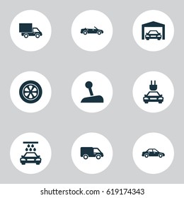Automobile Icons Set. Collection Of Wheel, Transport Cleaning, Lorry And Other Elements. Also Includes Symbols Such As Automobile, Wheel, Convertible.
