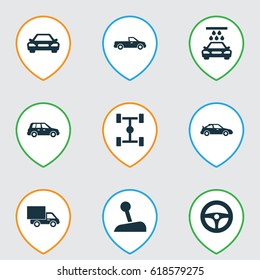 Automobile Icons Set. Collection Of Wheelbase, Auto, Lorry And Other Elements. Also Includes Symbols Such As Wheel, Gear, Automobile.