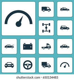 Automobile Icons Set. Collection Of Wheelbase, Drive Control, Truck And Other Elements. Also Includes Symbols Such As Sedan, Truck, Van.