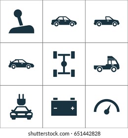 Automobile Icons Set. Collection Of Wheelbase, Automobile, Stick And Other Elements. Also Includes Symbols Such As Battery, Speedometer, Accumulator.