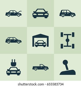 Automobile Icons Set. Collection Of Wheelbase, Carriage, Stick And Other Elements. Also Includes Symbols Such As Stick, Carriage, Electric.