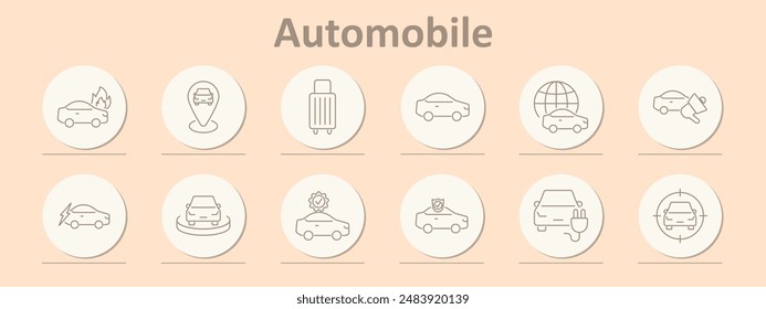 Automobile icons set. Fire, map, luggage, globe, announcement, electric, bumper, certificate, shield, charging, target. Line icons on beige background