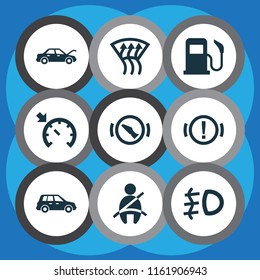 Automobile icons set with foglight, windscreen defrost, fuel and other optimization elements. Isolated vector illustration automobile icons.
