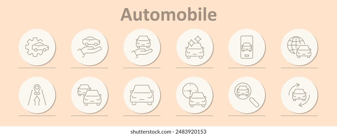 Automobile icons set. Gear, car, hand, clean, mobile, globe, map, multiple cars, dashboard, search, recycling. Line icons on beige background