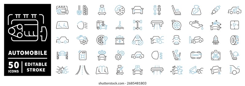 Automobile icons set – line, editable line icons, vehicle symbols, transport tools