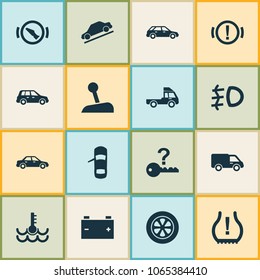 Automobile icons set with stop, station wagon, hill descent and other warning elements. Isolated vector illustration automobile icons.