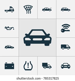 Automobile icons set with truck, accumulator, van and other hatchback elements. Isolated vector illustration automobile icons.