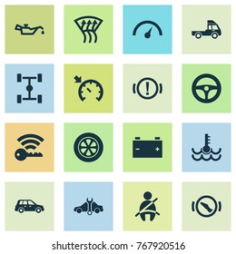 Automobile icons set with warning, chronometer, van and other passenger protection elements. Isolated vector illustration automobile icons.