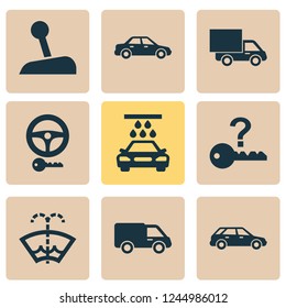 Automobile icons set with washer fluid, sedan, van and other windscreen elements. Isolated vector illustration automobile icons.