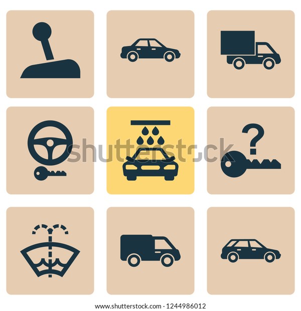 Automobile icons set with washer fluid, sedan, van\
and other windscreen elements. Isolated vector illustration\
automobile icons.