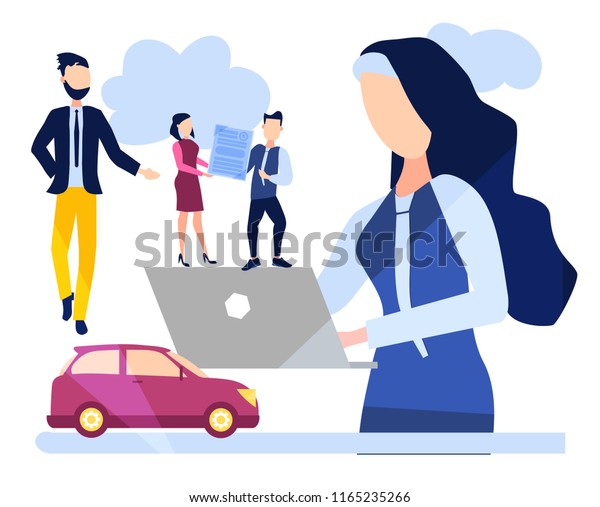 Automobile insurance. The insurance agent\
draws up the insurance contract. Protection of the car from an\
accident. Car safety. Vector\
illustration