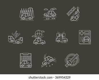 Automobile insurance cases. Set of white flat line vector icons on black background. Design elements for website, mobile and business. 