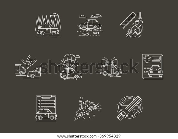 Automobile insurance cases. Set of white flat line\
vector icons on black background. Design elements for website,\
mobile and business.\
