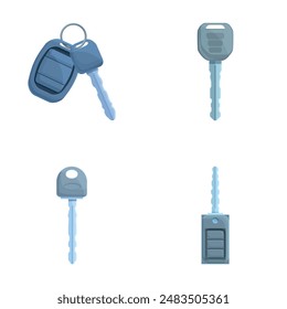 Automobile key icons set cartoon vector. Electro car key front and alarm system. Car device