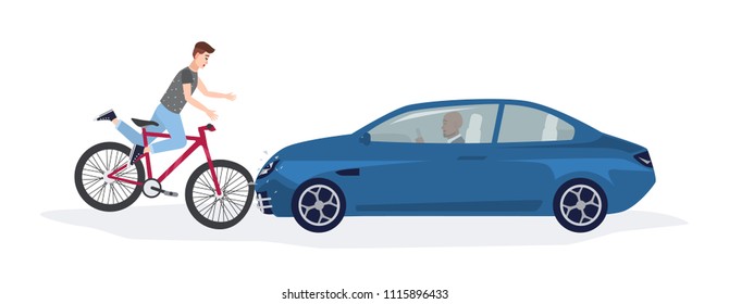 Automobile knocking down boy riding on bike. Head-on road collision with bicyclist involved. Car or traffic accident isolated on white background. Colorful vector illustration in flat cartoon style.