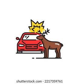 Automobile knocking down deer isolated vector road collision color line icon. Car or traffic accident with wild animal, injured moose or elk