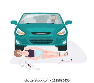 Automobile knocking down girl on skateboard. Traffic collision with skateboarder involved. Car or traffic accident with injured person isolated on white background. Flat cartoon vector illustration.