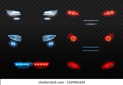 Automobile led light. Red and white car headlights in night police car vector realistic lights