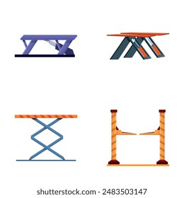 Automobile lift icons set cartoon vector. Various car lift stand tower. Car service, wheel replacement